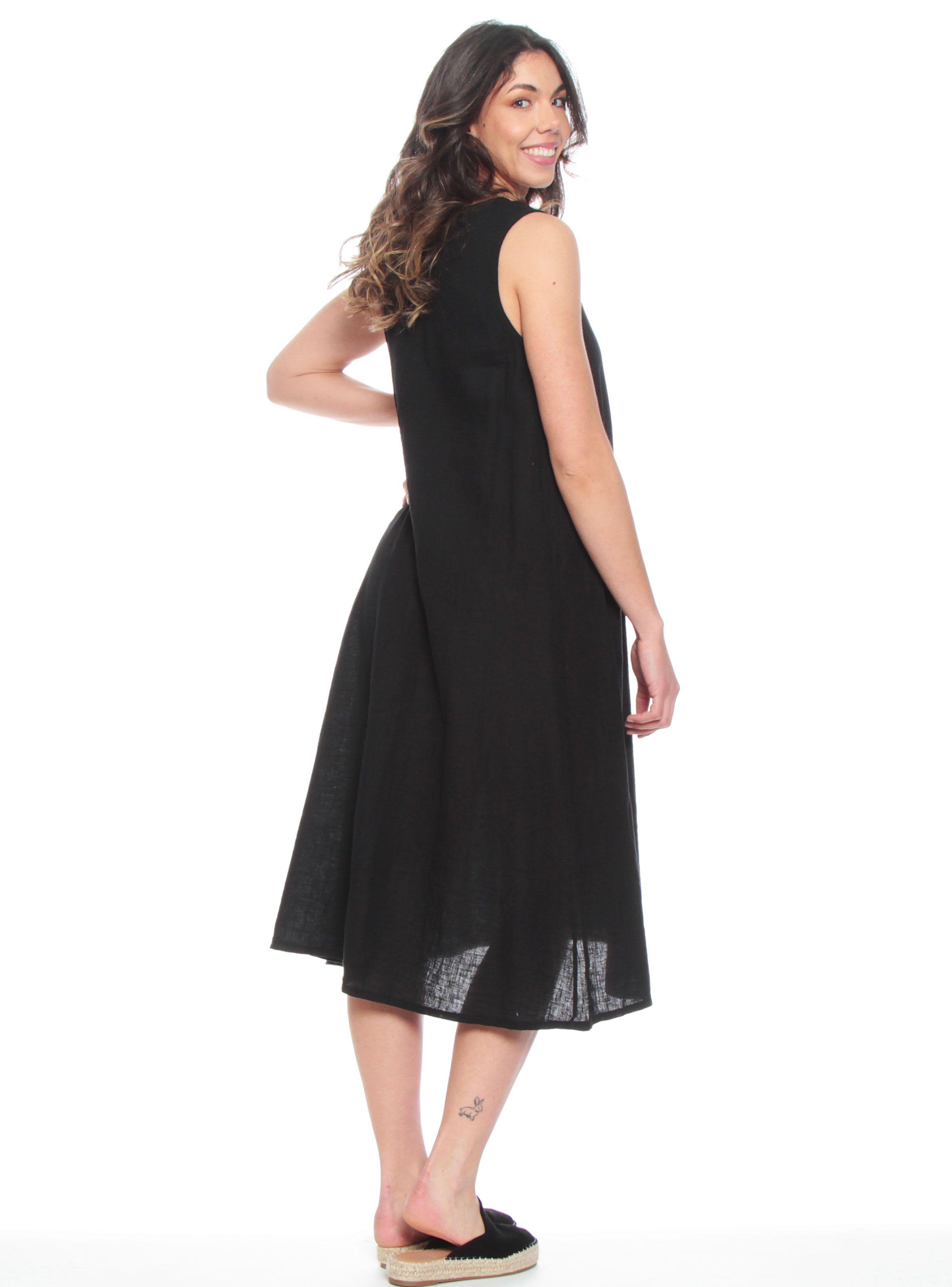 Vestido sin Manga Lino Sólido Escote V con Bolsillos-1
