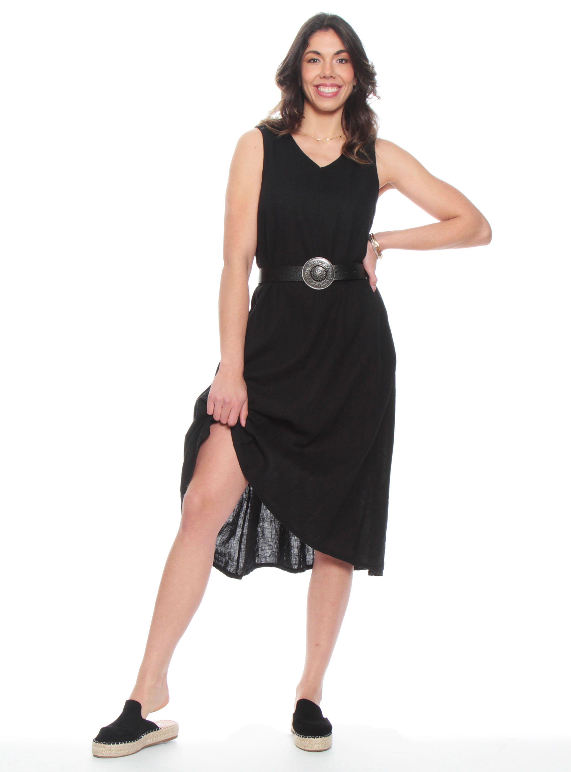 Vestido sin Manga Lino Sólido Escote V con Bolsillos-2