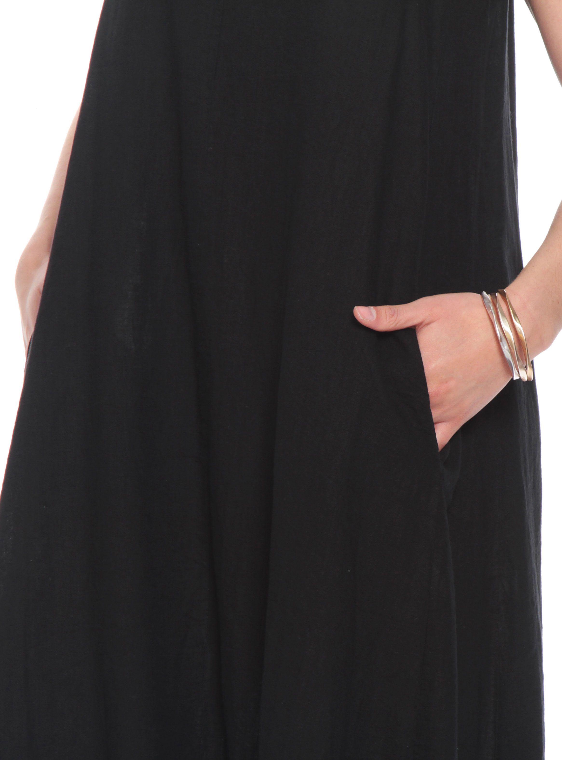 Vestido sin Manga Lino Sólido Escote V con Bolsillos-4