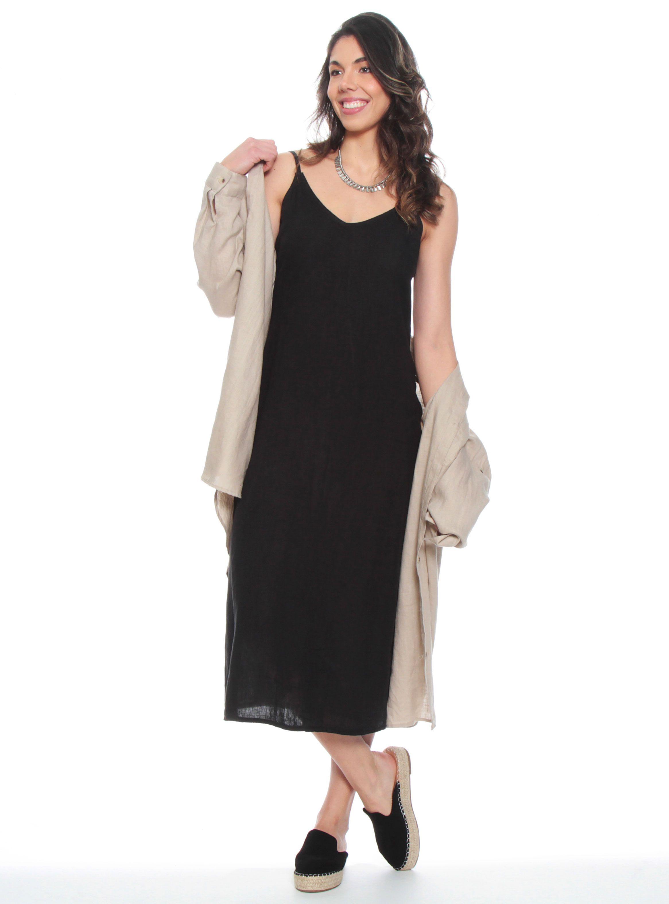 Vestido sin Manga Tirantes Ajustables Lino Escote V-3