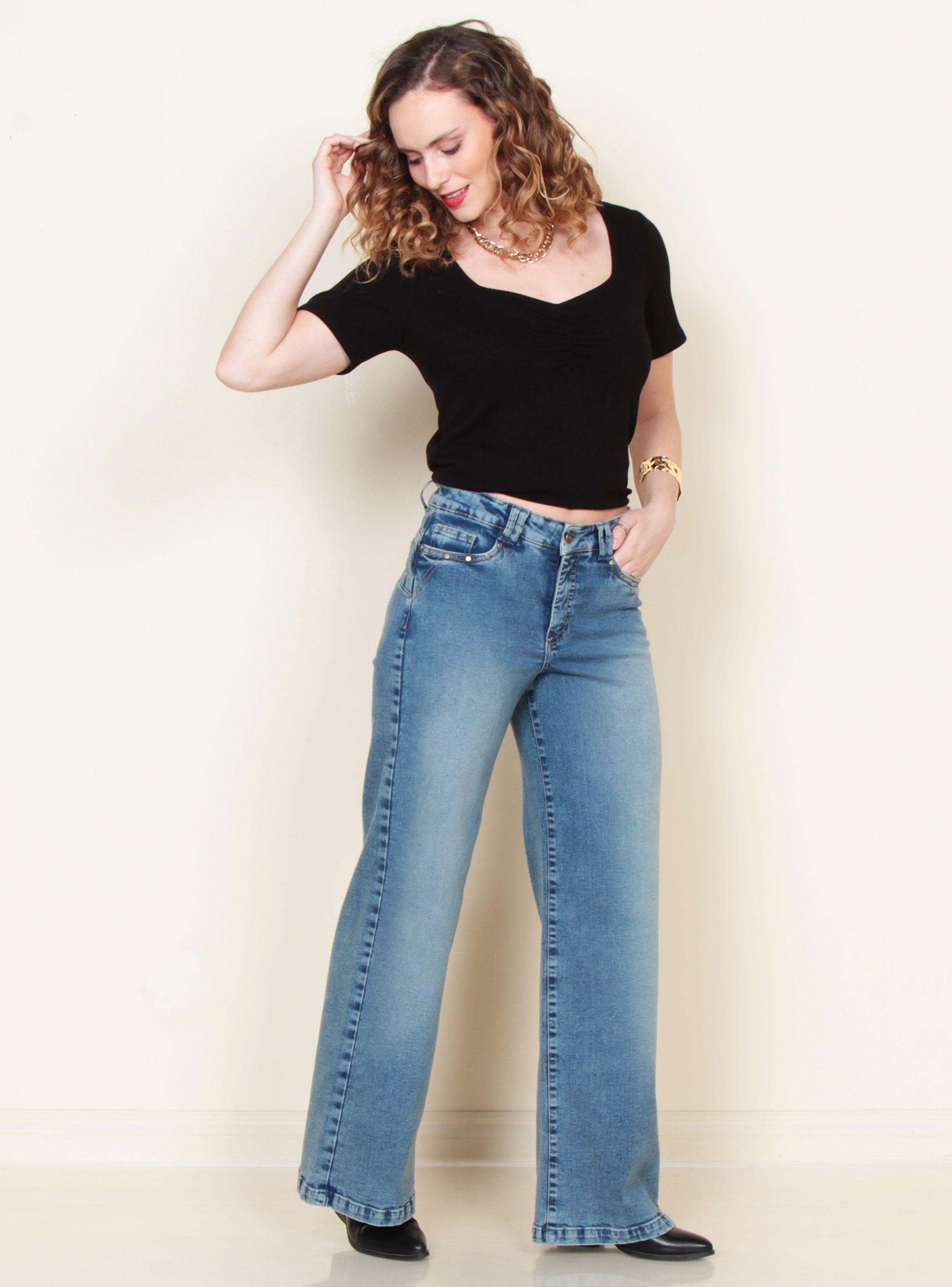 Jeans Wide Leg Tiro Alto Push Up Pretina-3