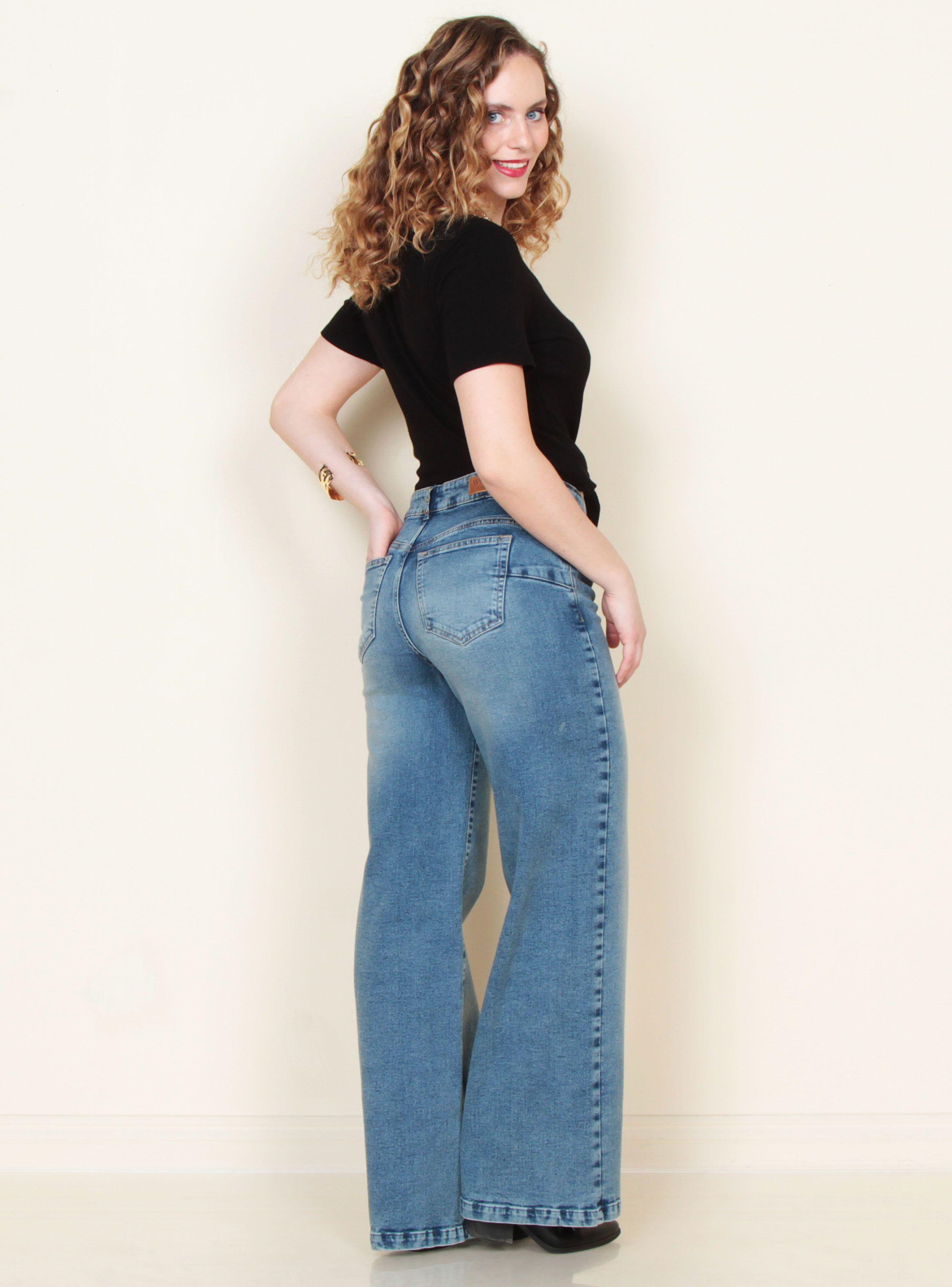 Jeans Wide Leg Tiro Alto Push Up Pretina-4