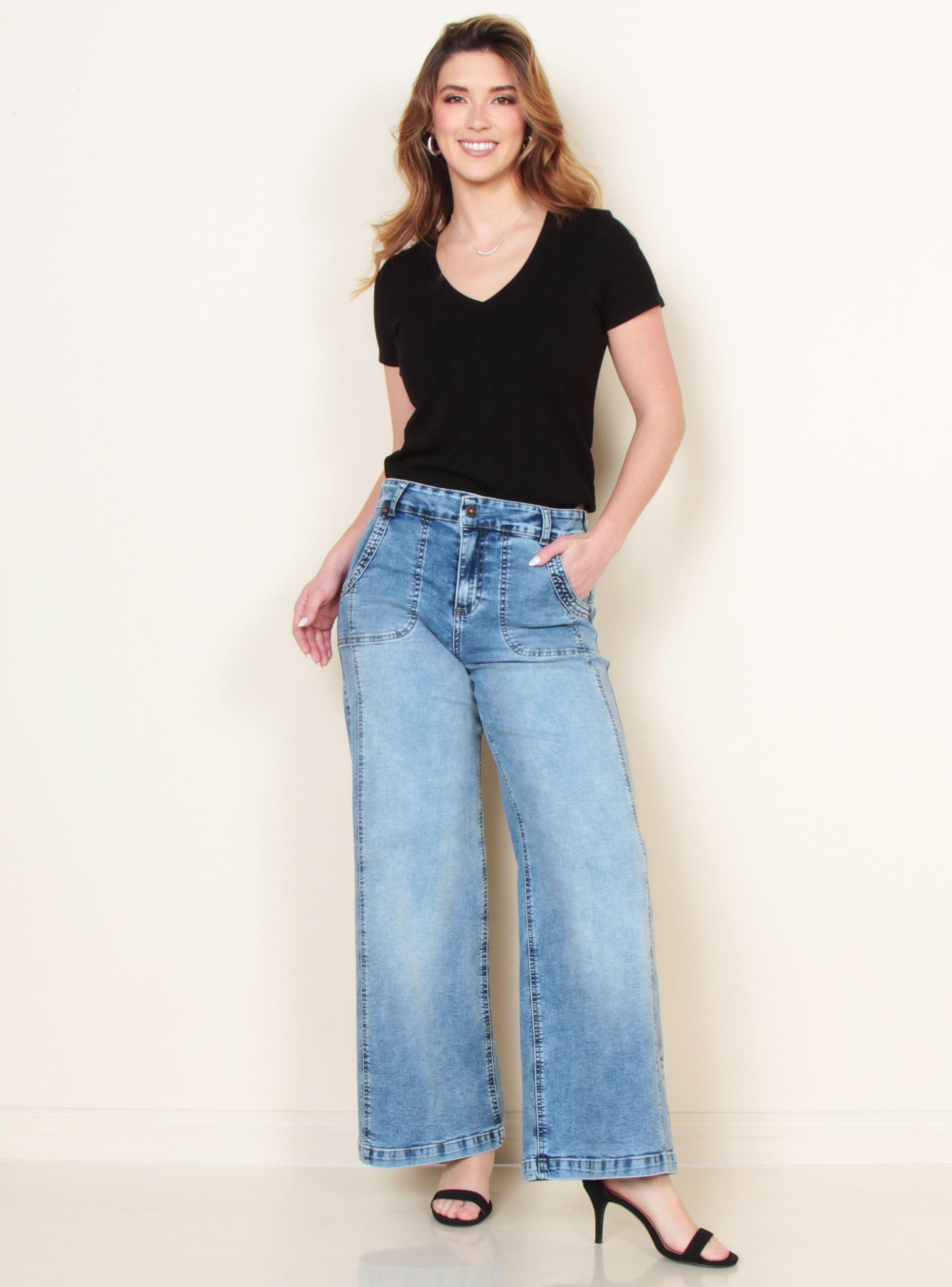 Jeans Flare Cargo Tiro Alto Pretina 1 Botón-3