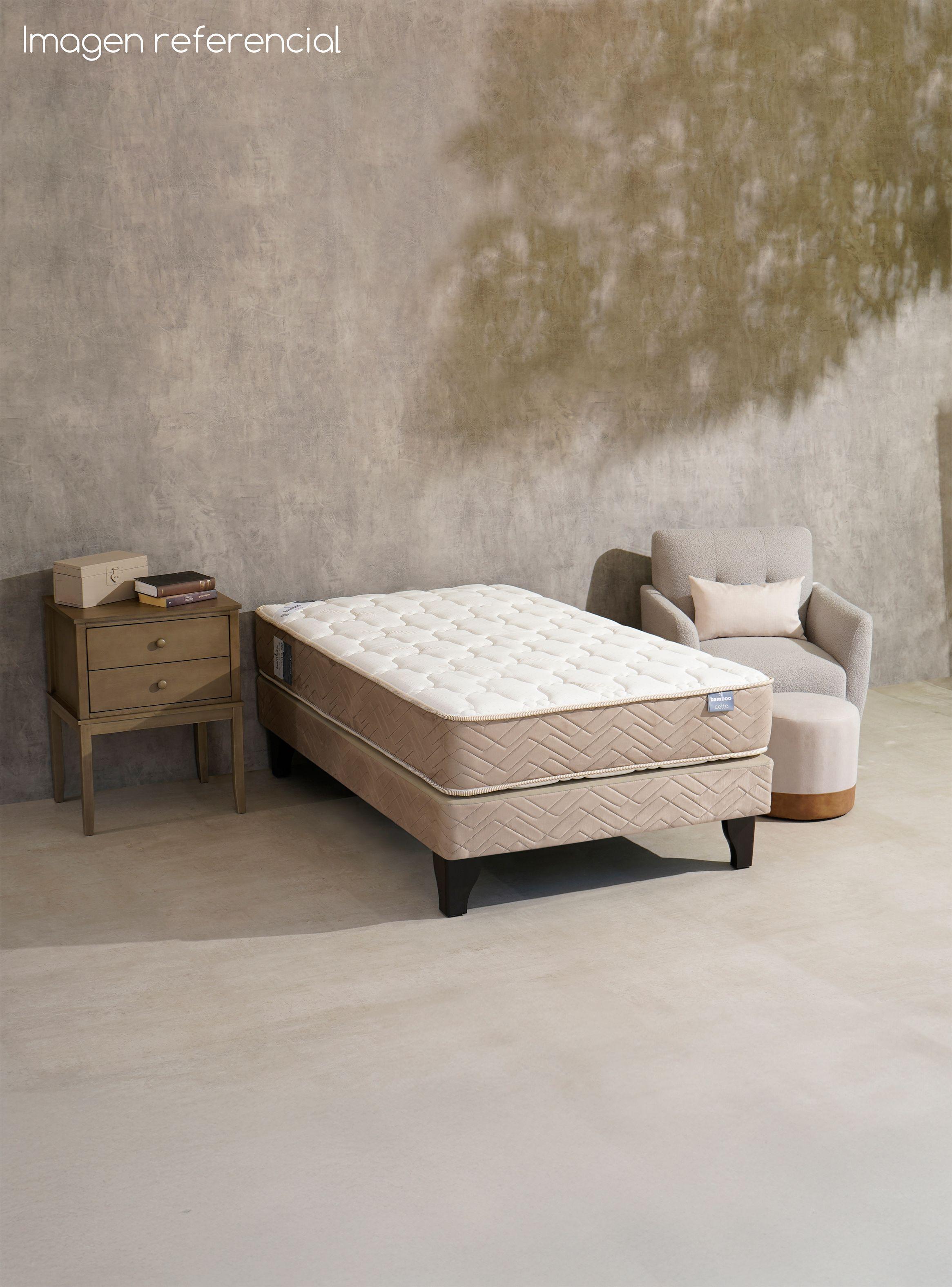 Cama Europea Bamboo 1.5 Plazas x190 cm + Respaldo Merci + Velador Malaga Honey-3