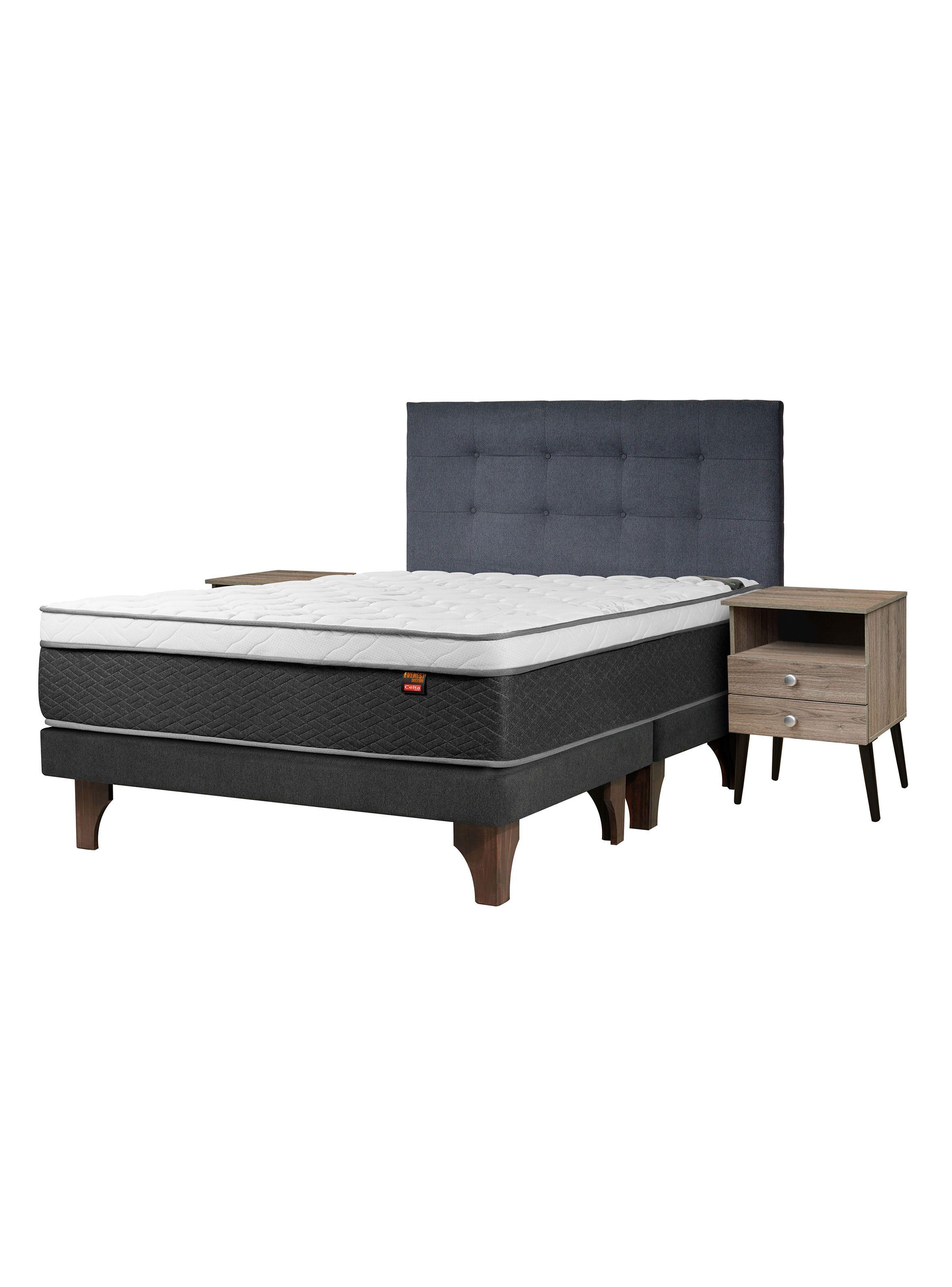 Cama Europea Everest Cobre King + Respaldo Piamonte + Veladores Malaga Honey-0
