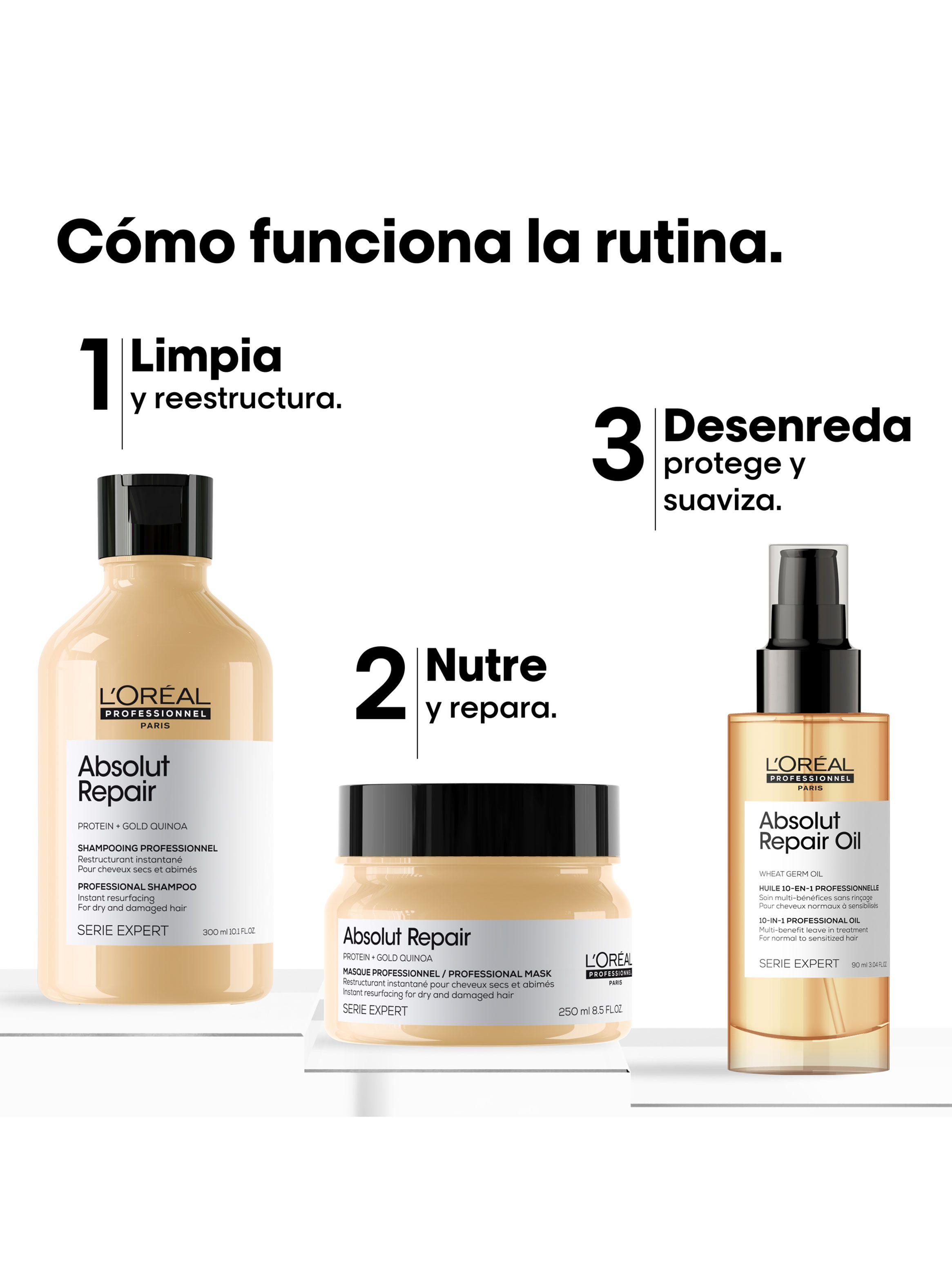 Set Profesional Reparación Cabello Dañado Absolut Repair Shampoo 300ml + Máscara 250ml + Aceite  90ml Serie Expert-4