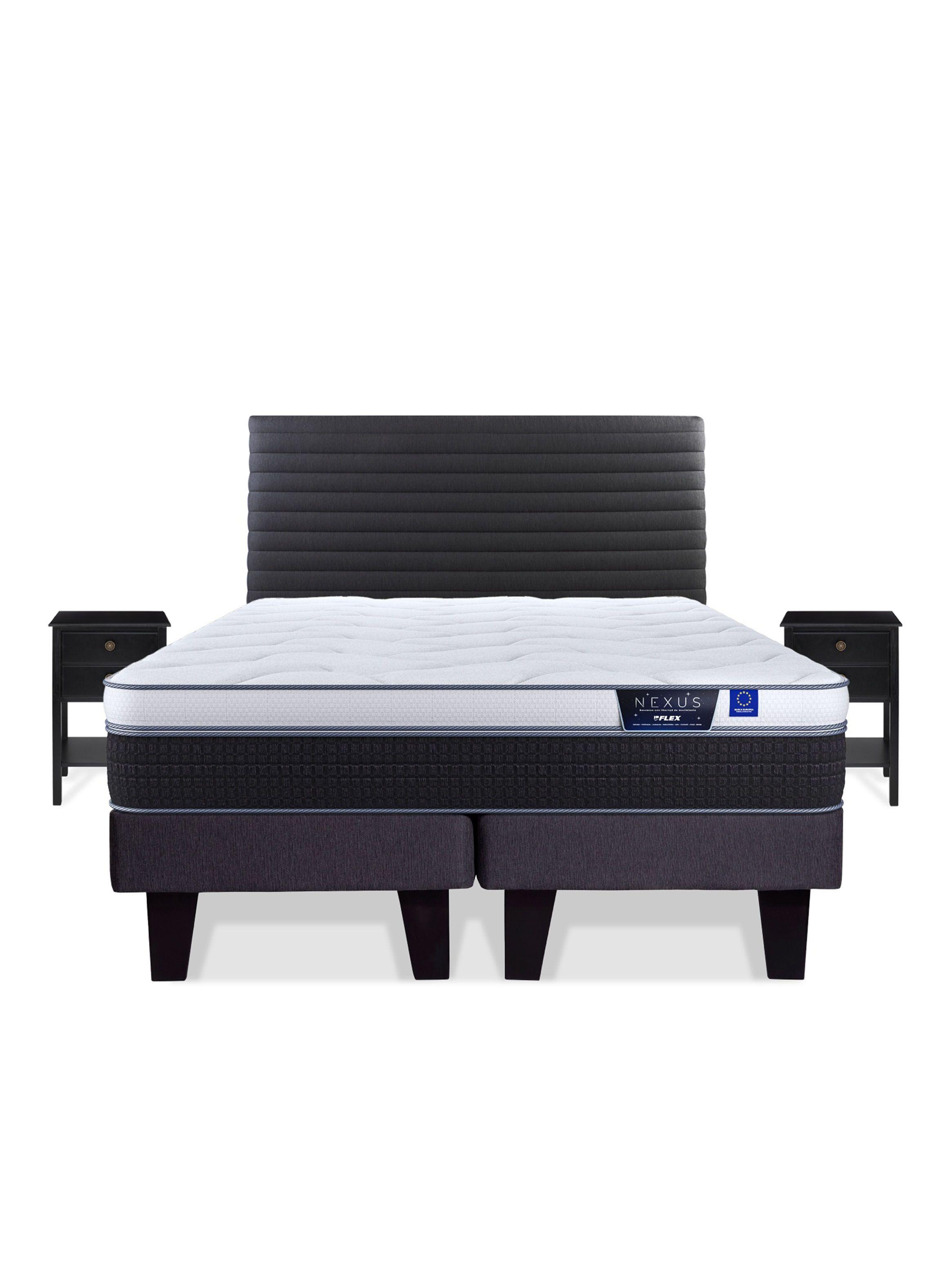 Cama Europea Nexus 2 Plazas Box Base Dividida + Respaldo Modern Grafito + Velador Rover-2