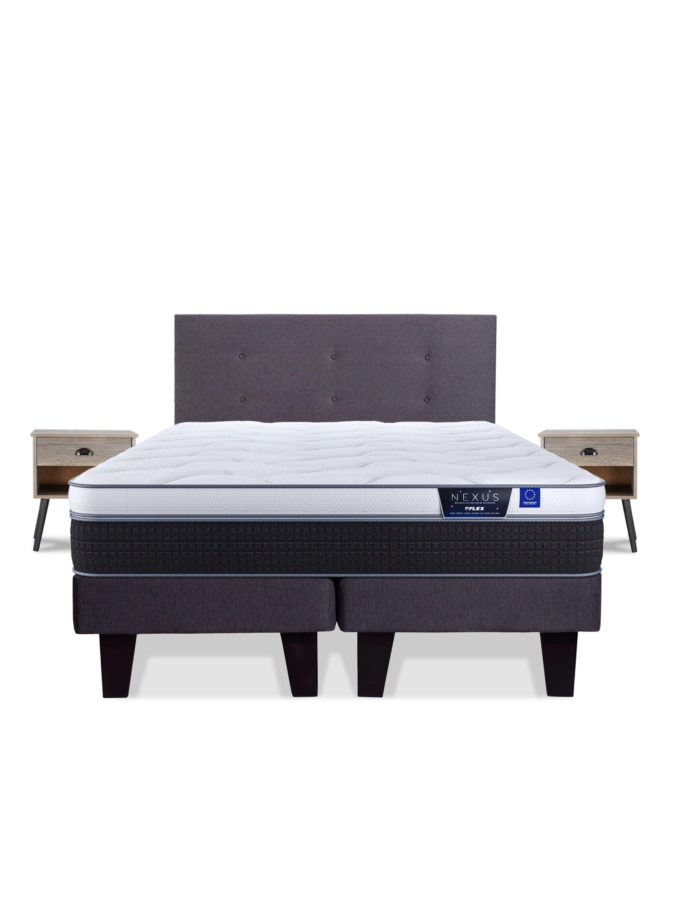 Cama Europea Nexus 2 Plazas Base Dividida + Respaldo Royal Grafito + Velador Rock-2