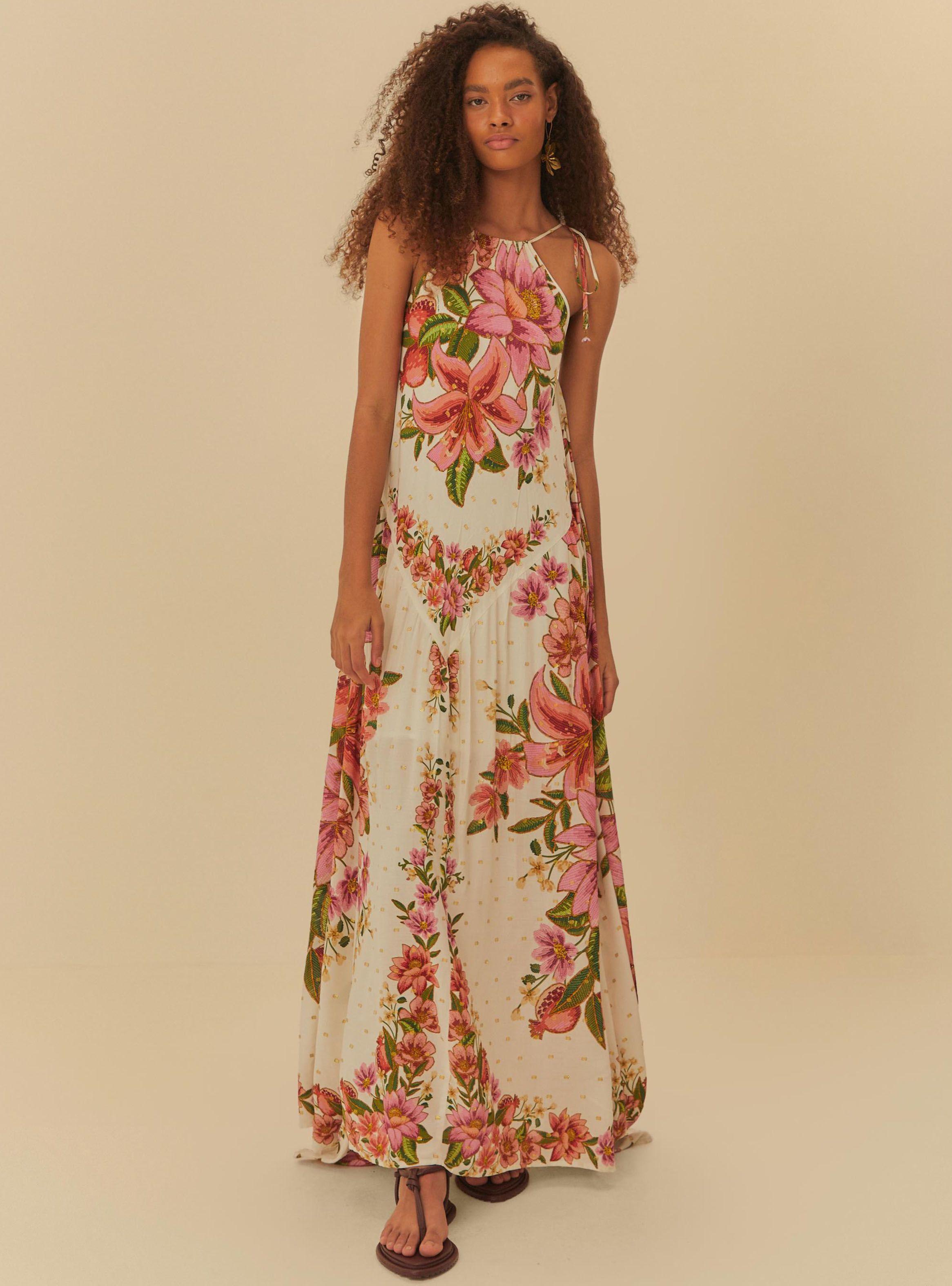Vestido Largo Cuello Halter Estampado Flores-0