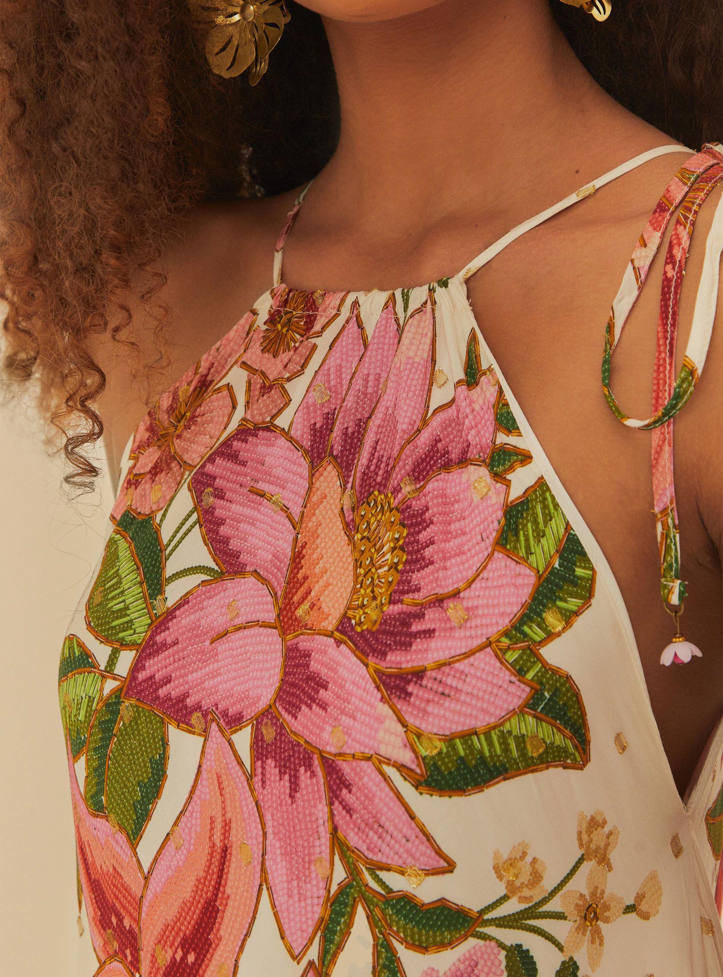 Vestido Largo Cuello Halter Estampado Flores-2