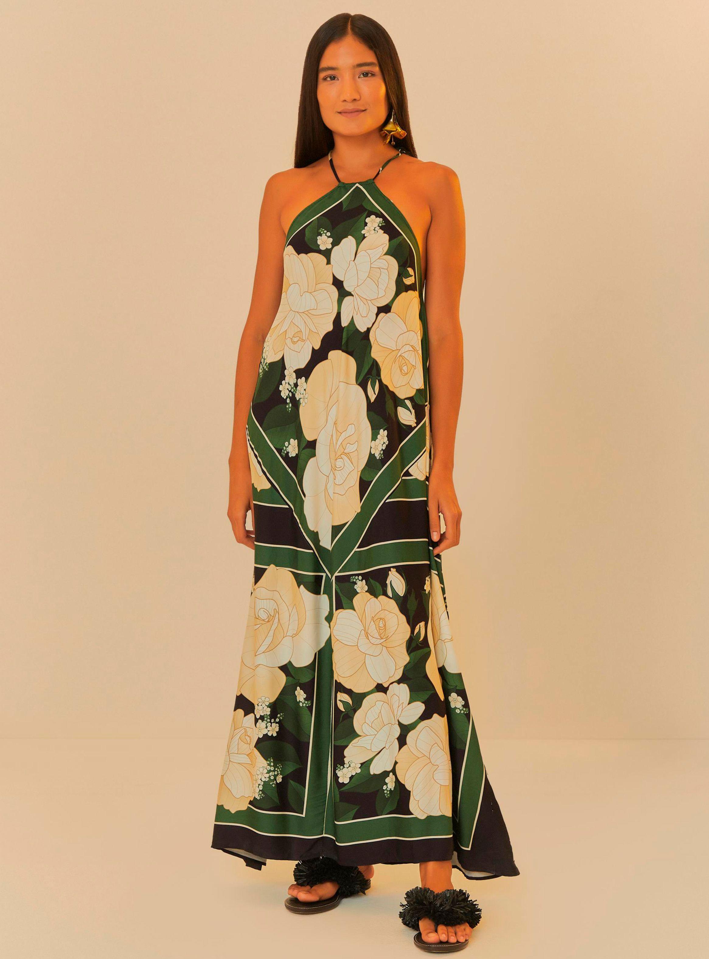 Vestido Largo Cuello Halter con Flores-0