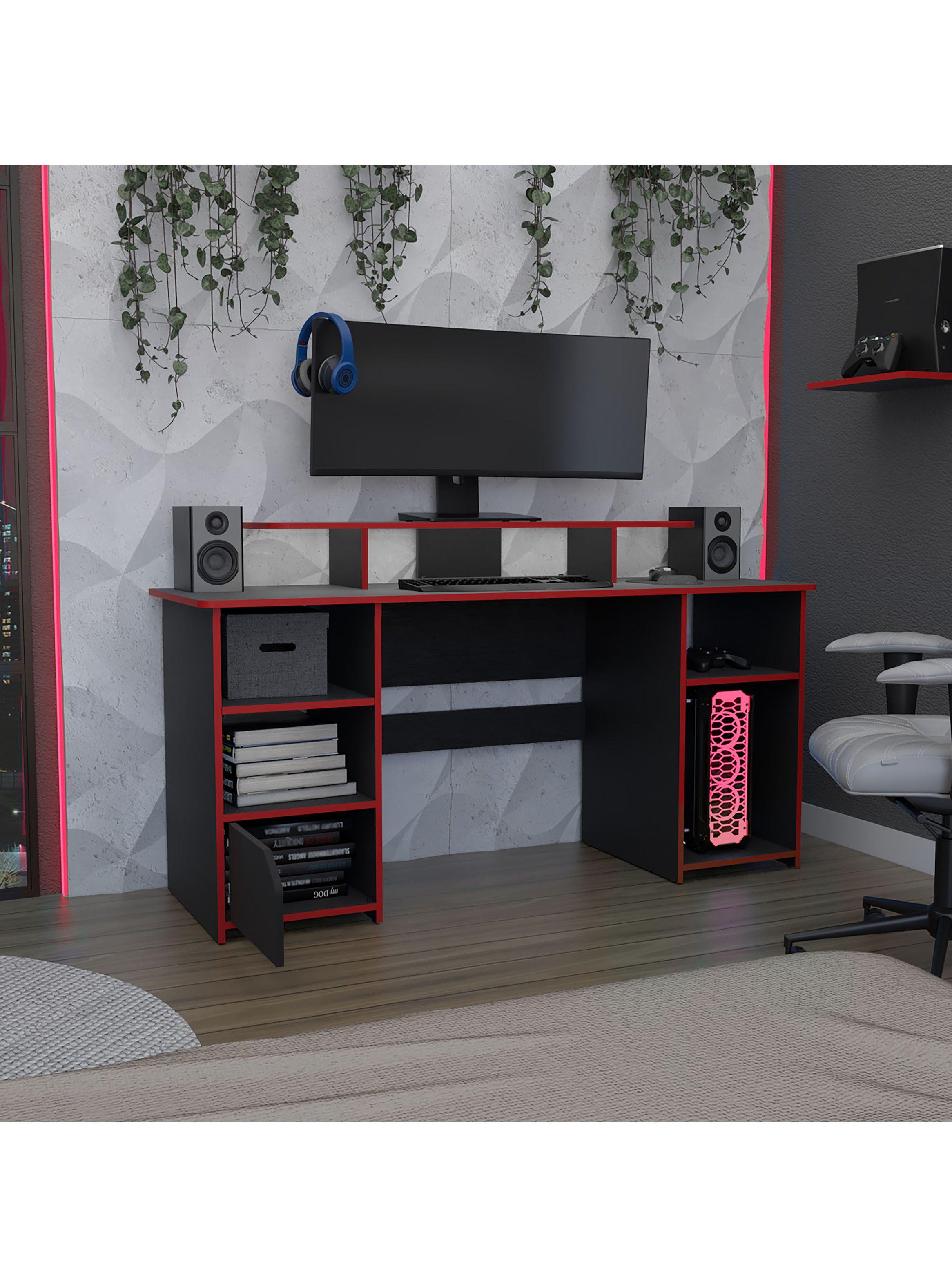 Escritorio Gamer Keria Wengue Canto Rojo-4