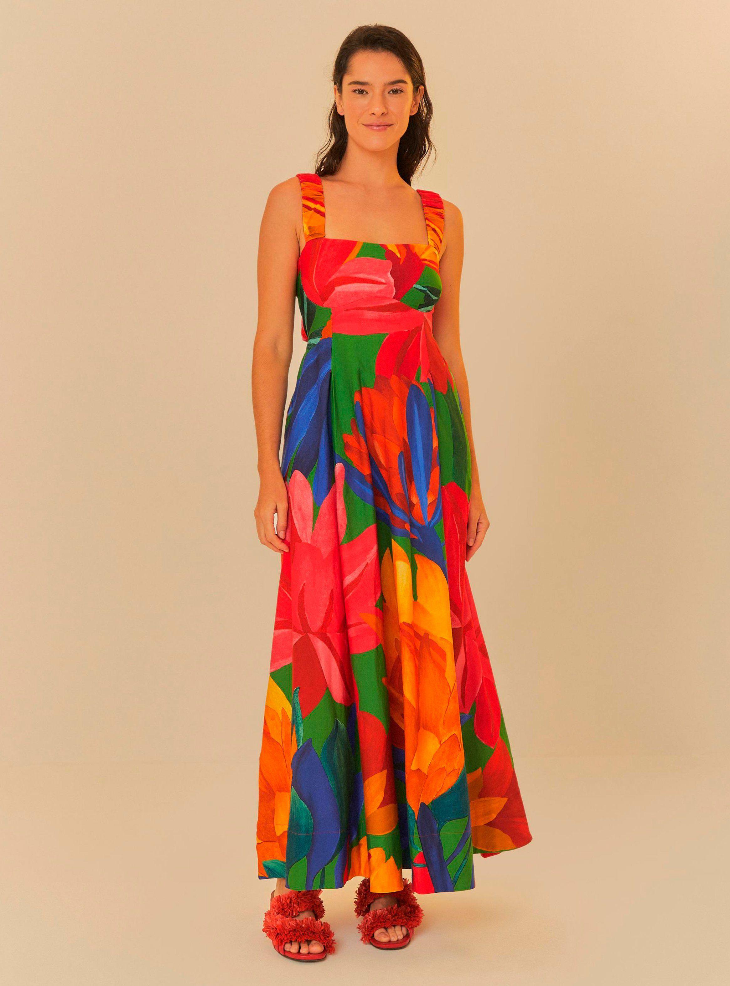 Vestido Largo Estampado Cuello Cuadrado-0