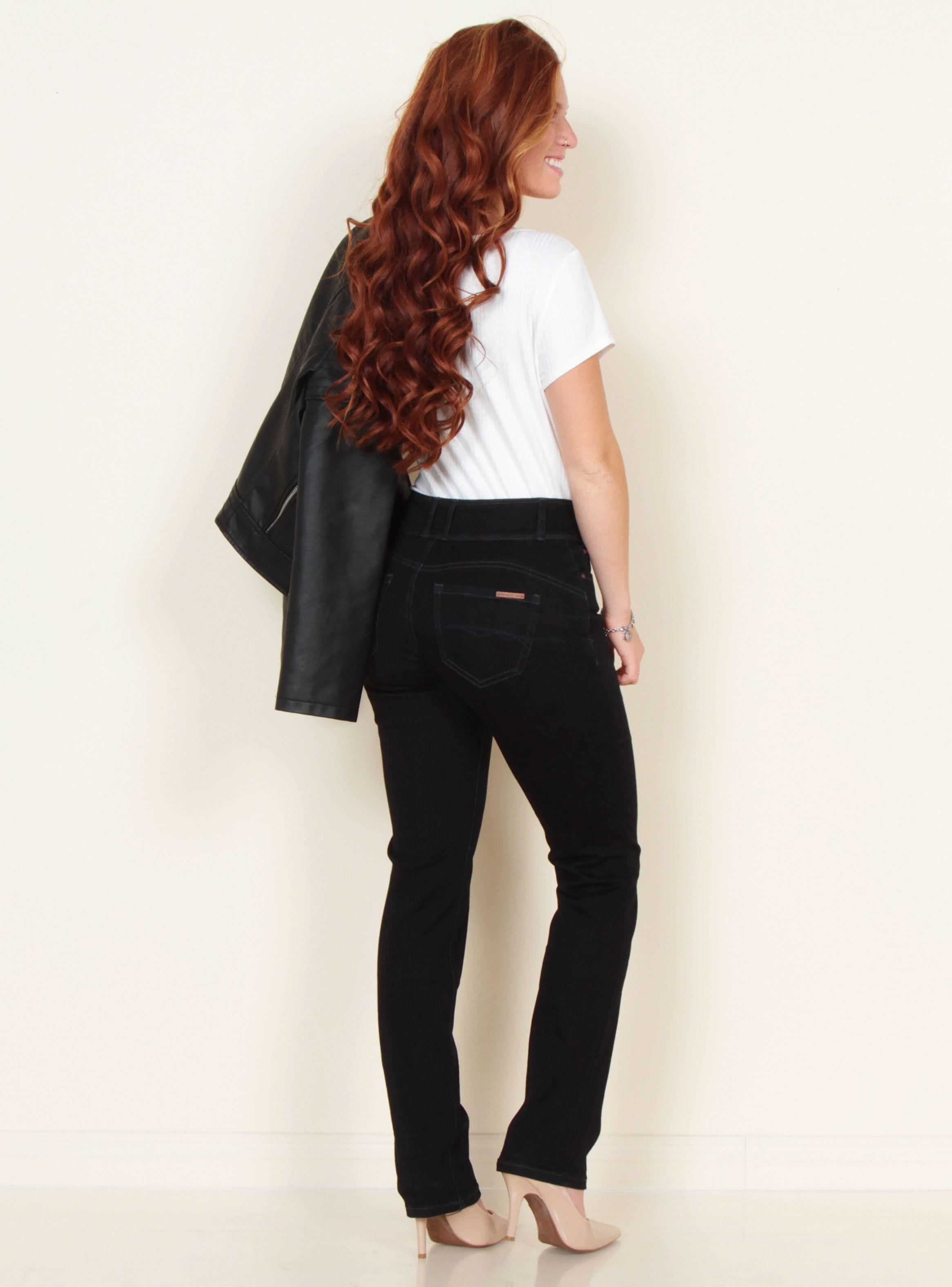 Jeans Straight Tiro Alto Pretina 2 Botones Push Up-4