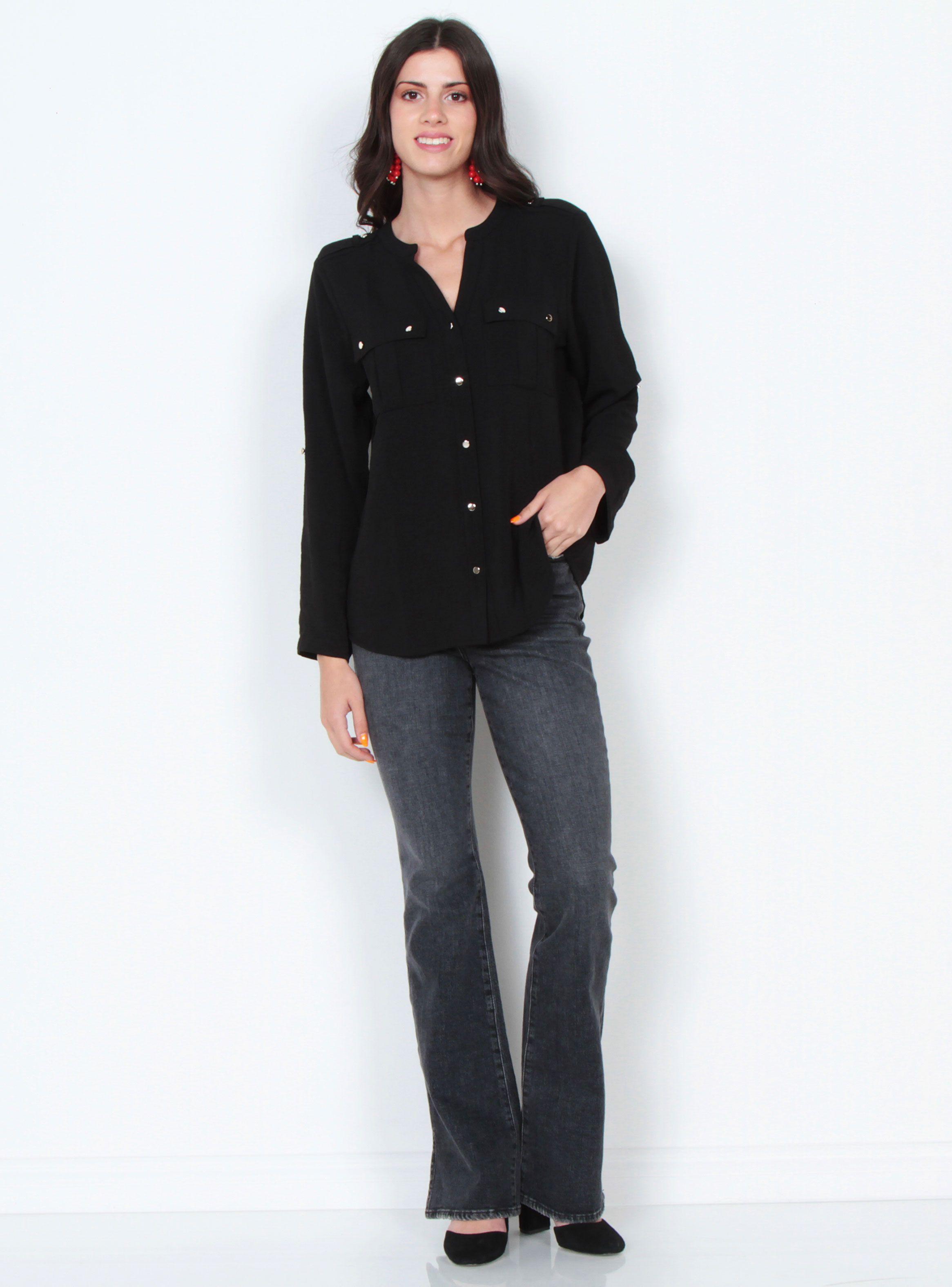 Blusa Manga Larga Sólida con Cuello Mao y Bolsillos-3