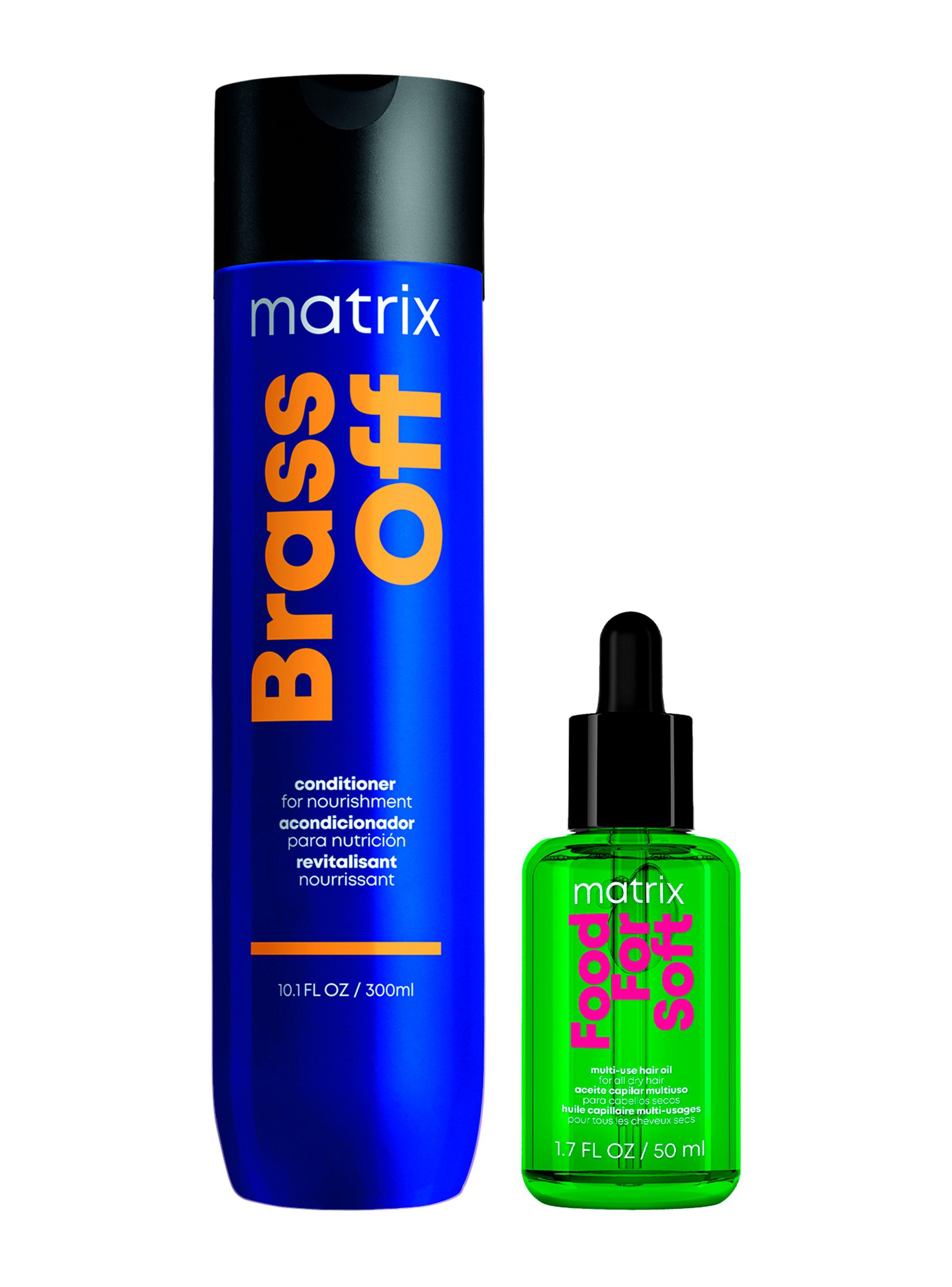 Set Shampoo Matizador Azul Cabello Castaño Brass Off 300 ml + Aceite hidratante Food For Soft 50 ml Matrix-0