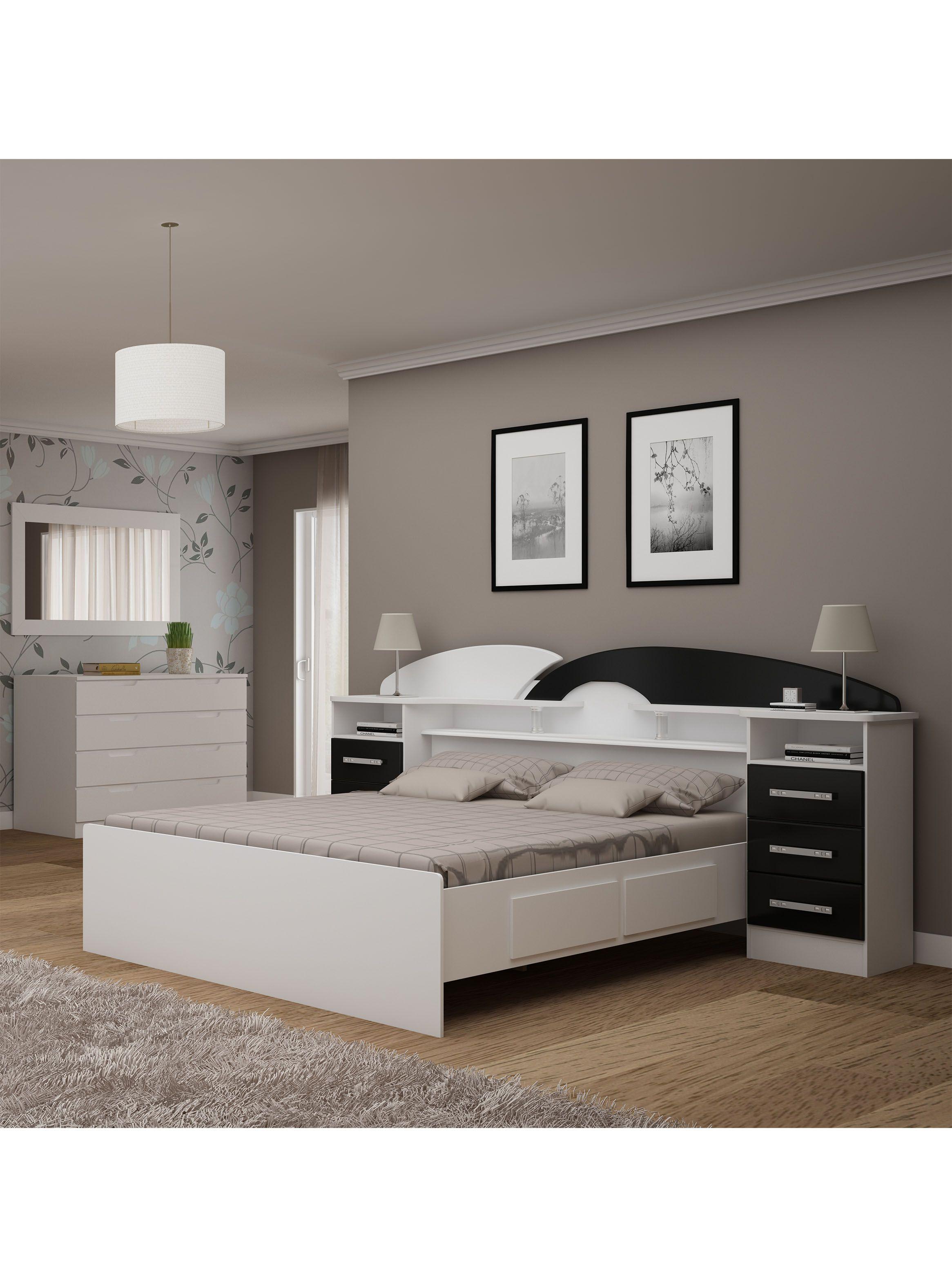 Cama Premium 2 Plazas + 2 Veladores Blanco/Negro-2