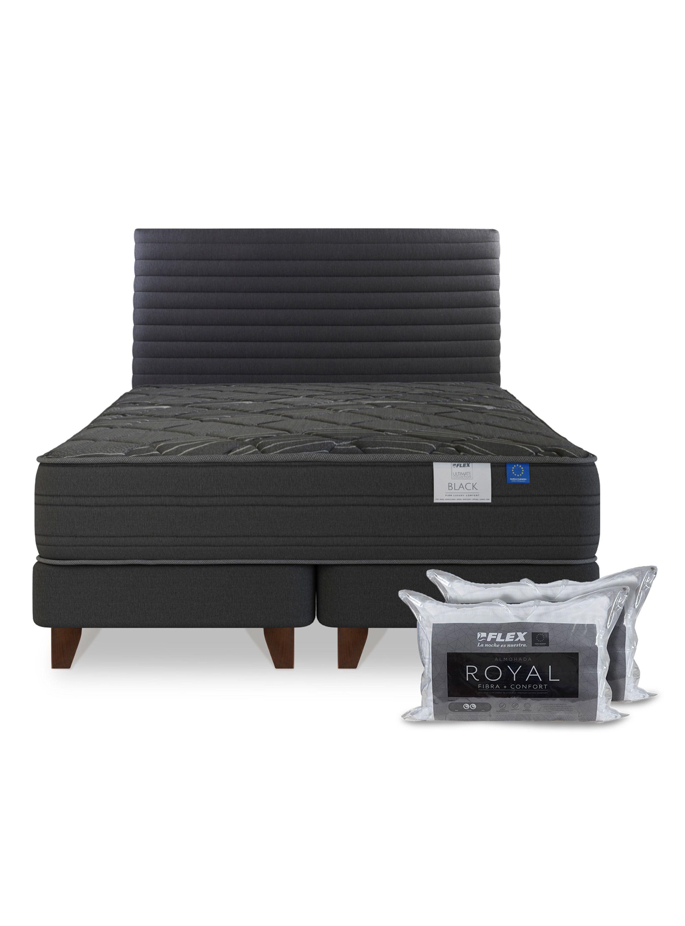 Cama Europea Black 2 Plazas Base Dividida + Respaldo Modern + 2 Almohadas Royal-2