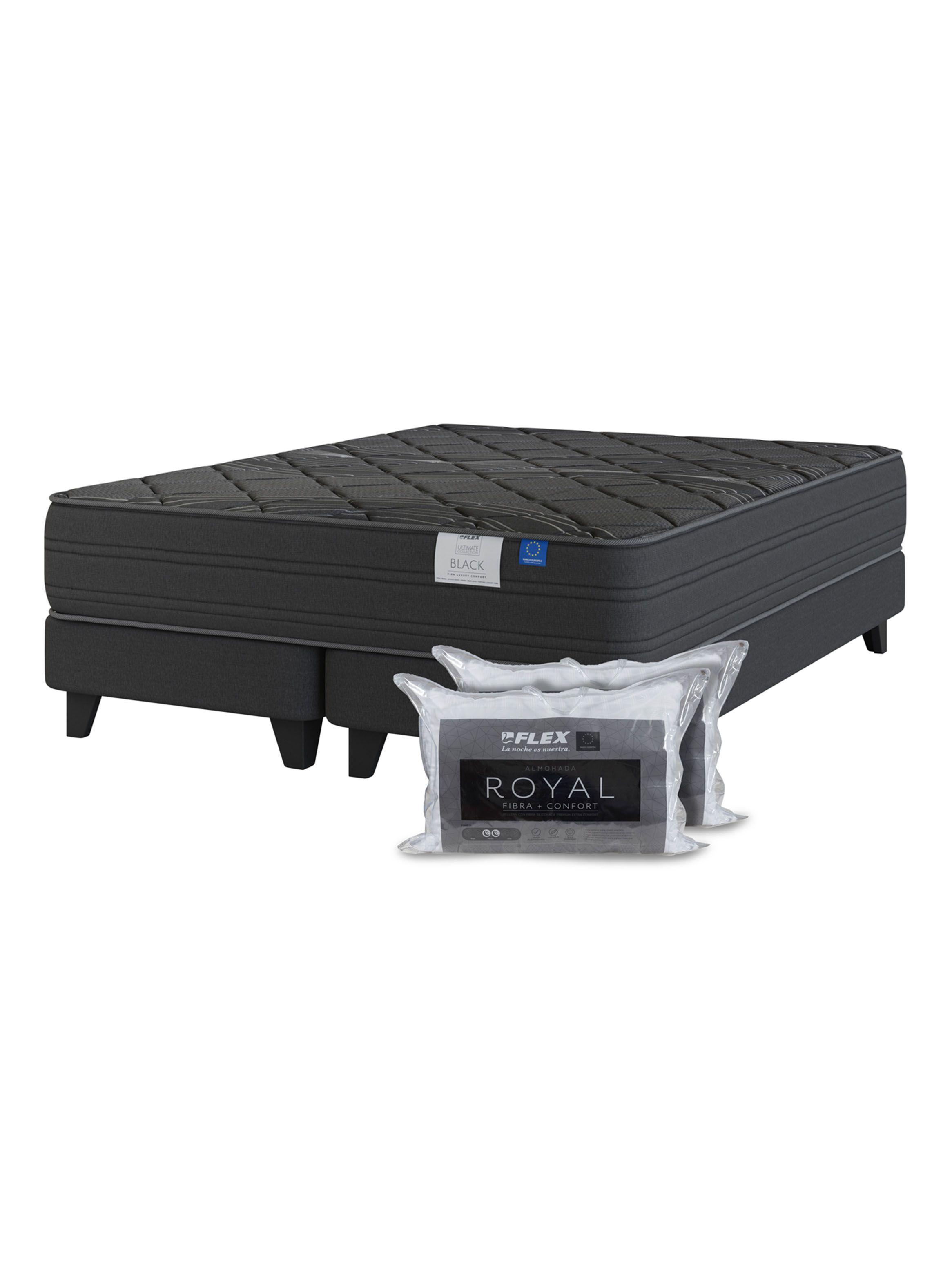 Cama Europea Premium Black 2 Plazas Box Base Dividida + 2 Almohadas Royal-0