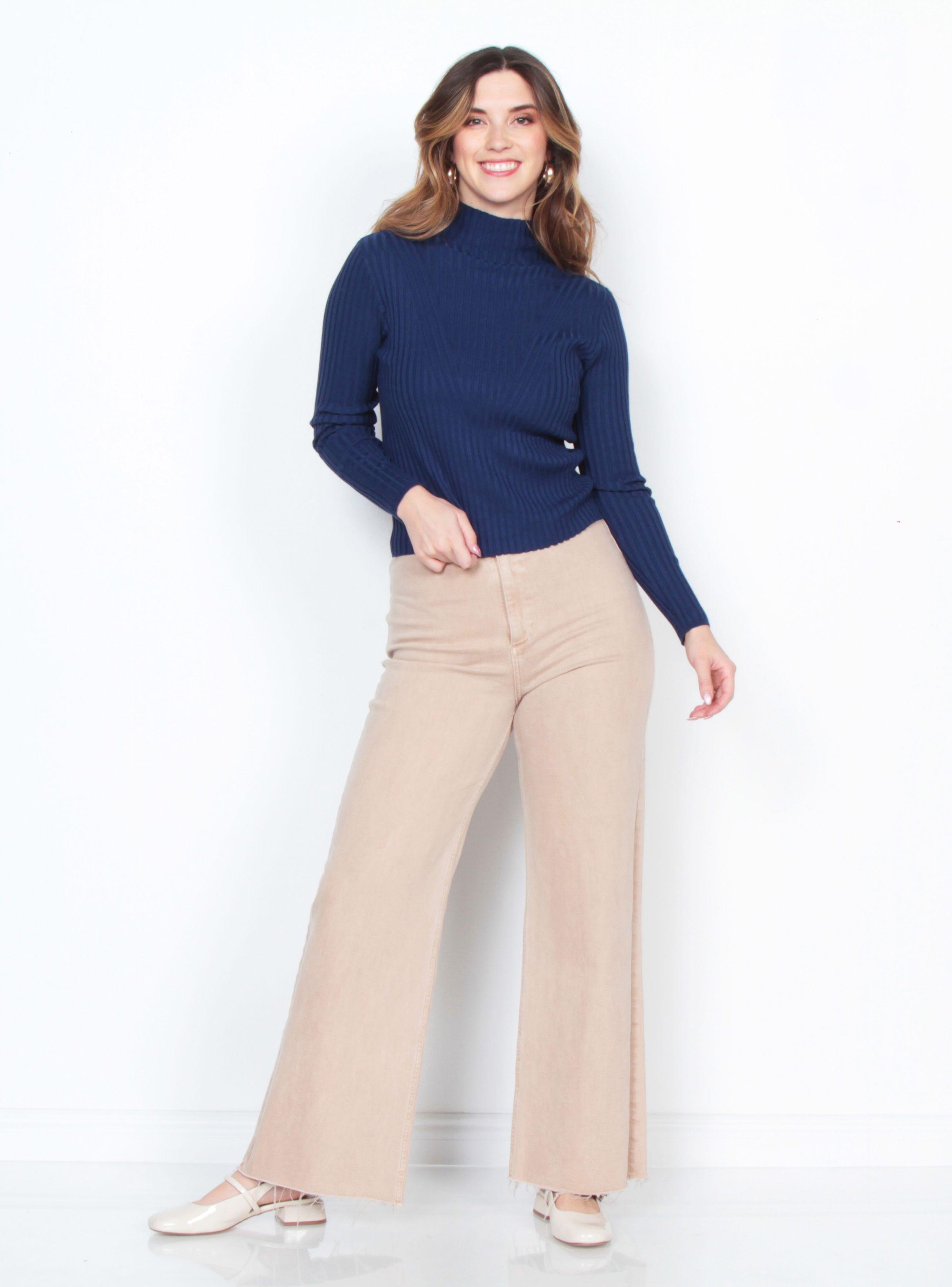 Sweater Manga Larga Sólido con Cuello Alto-3