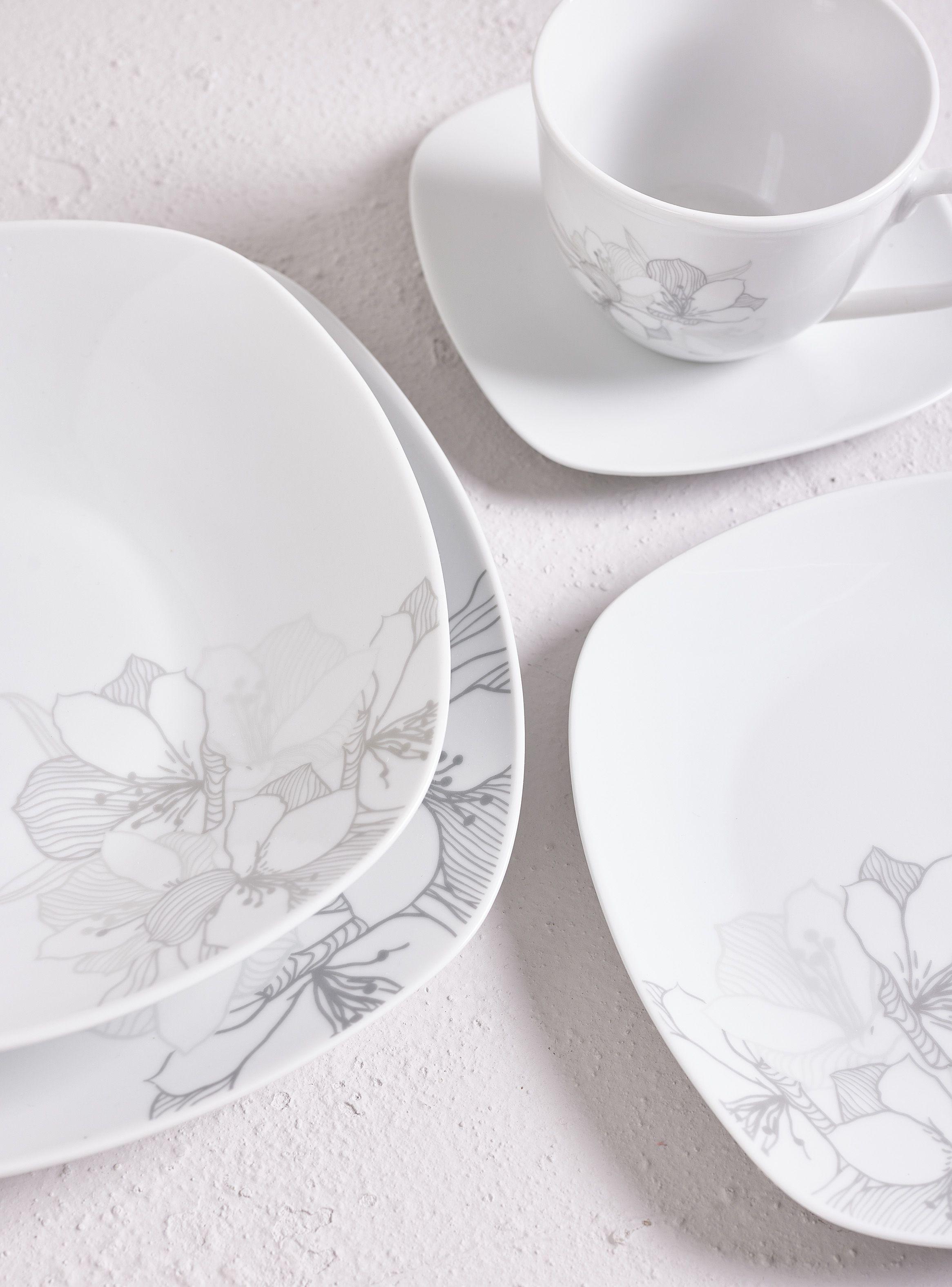 Set Vajilla 30 Piezas Flor Gris Porcelana-1
