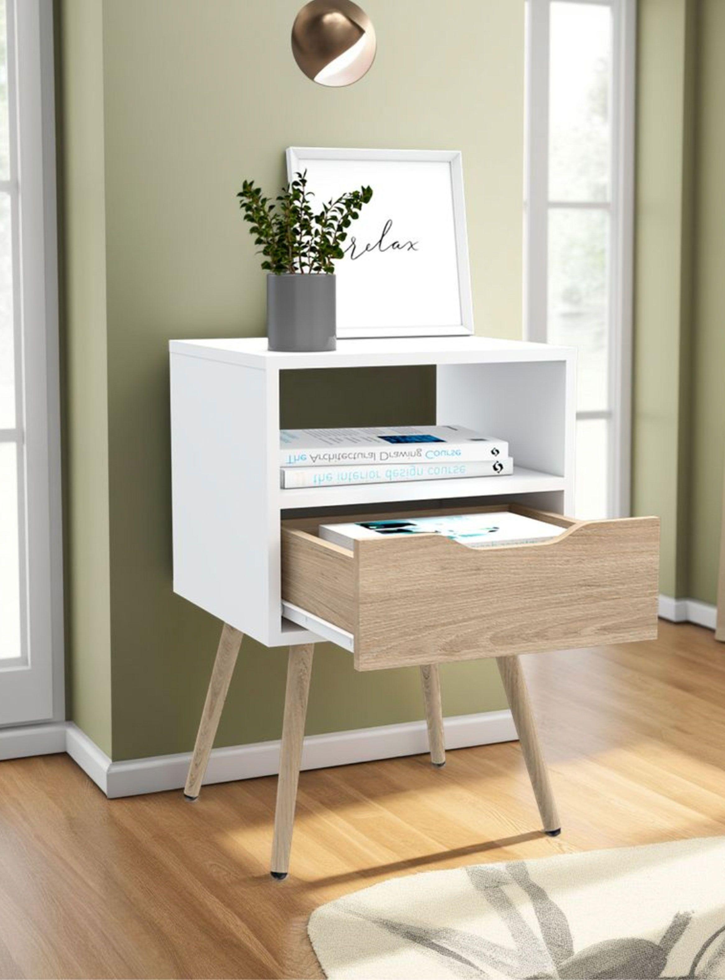 Velador Otom 1 Cajón Blanco Rovere-4