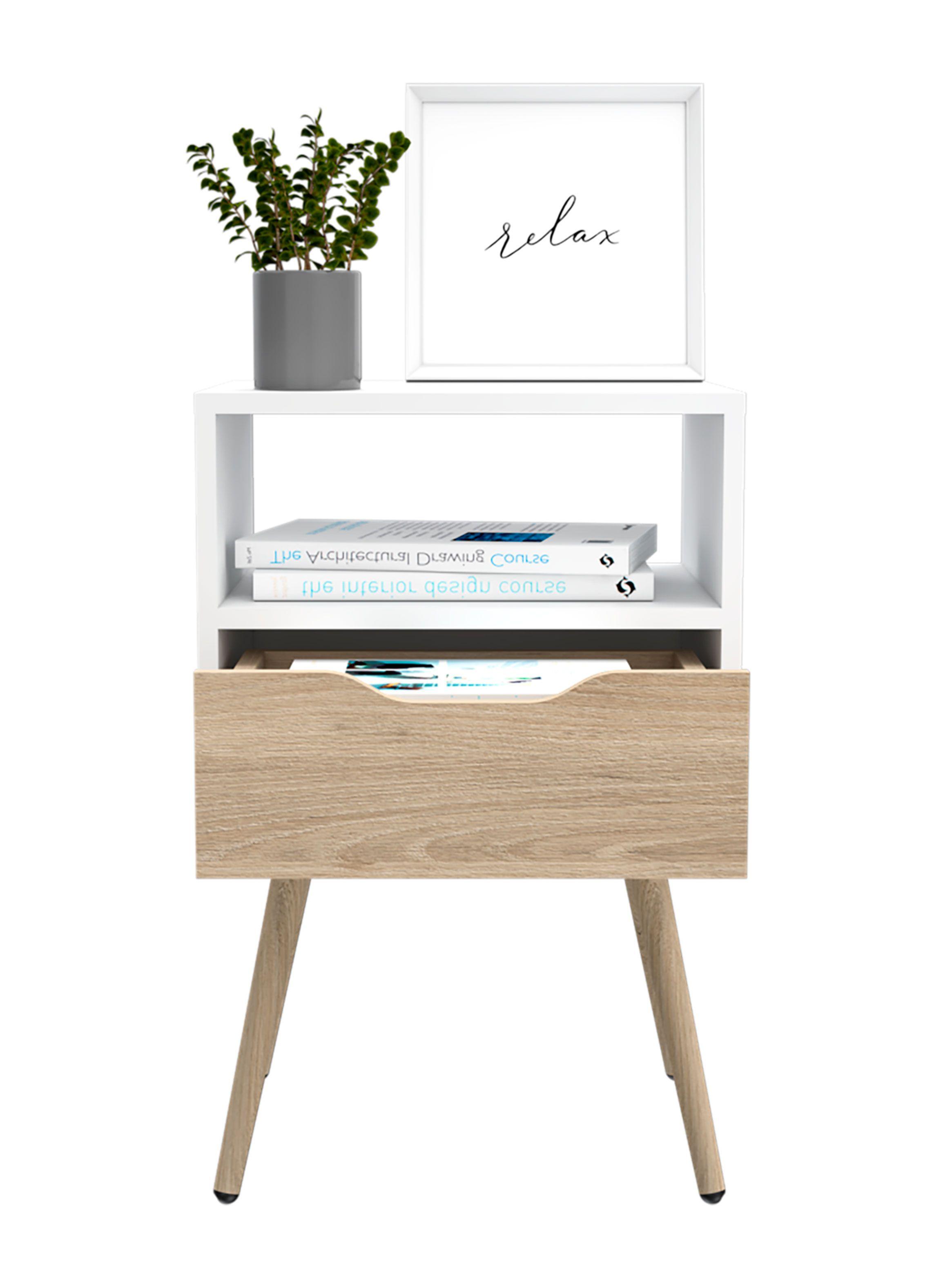 Velador Otom 1 Cajón Blanco Rovere-2