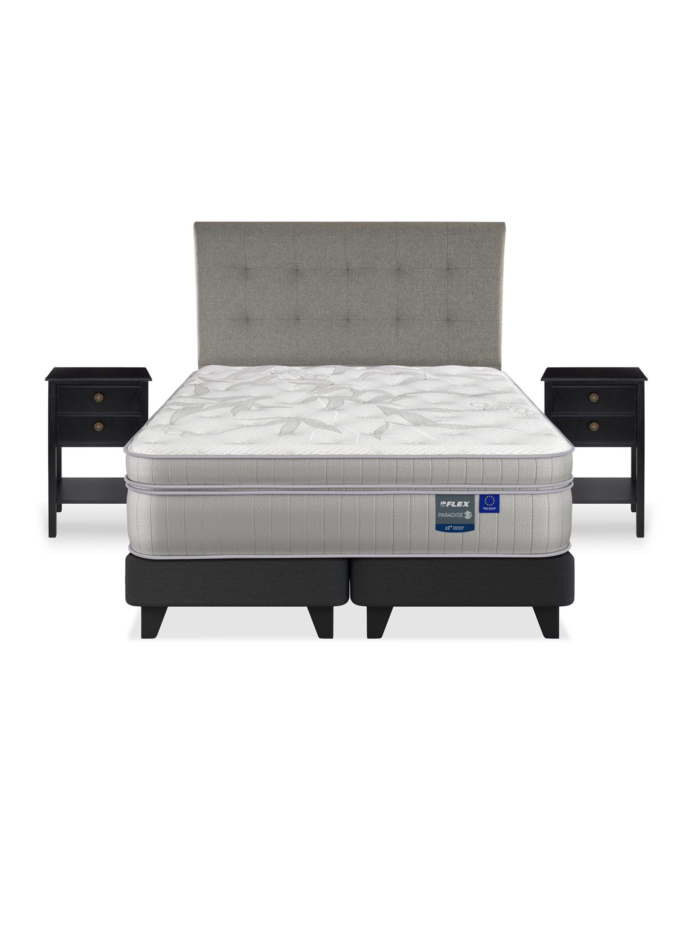 Cama Europea Paradise 2 Plazas Box Base Dividida + Respaldo Design Gris + 2 Veladores Rover-2