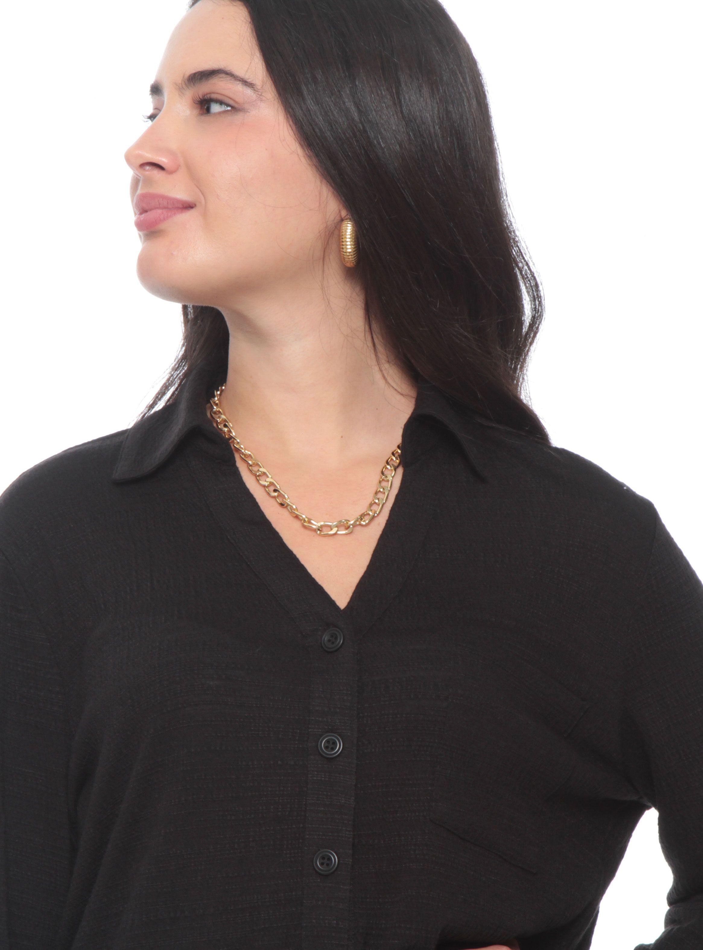 Blusa Manga 3/4 Ajustable Sólida Cuello Camisero-2