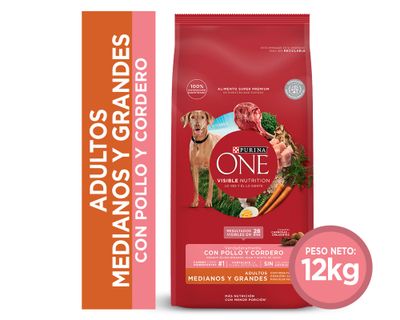 Alimento perro adulto 12 kg mediano/grande pollo y cordero Purina One.
