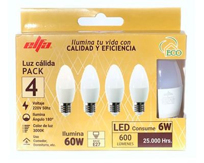 Imagen 2 del producto Pack 4 ampolletas Led 6W E27 luz cálida Vela