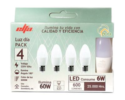 Imagen 2 del producto Pack 4 ampolletas Led Vela E27 Día 6 W