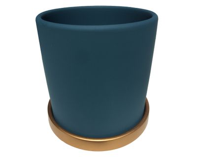 Macetero cilindro verde musgo con plato dorado L 18x18 cm