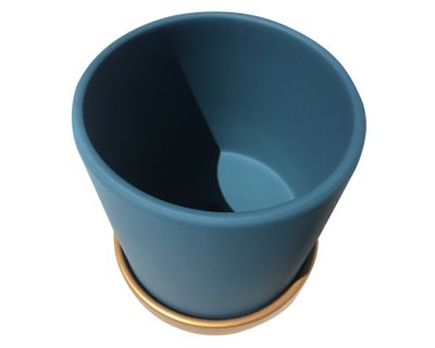 Imagen 2 del producto Macetero cilindro verde musgo con plato dorado L 18x18 cm