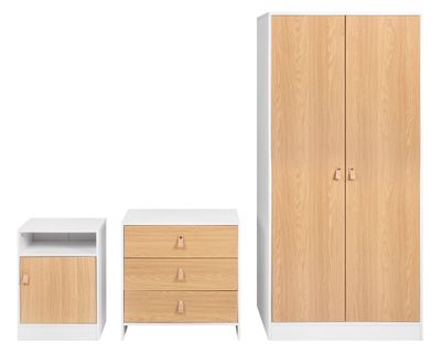 Combo Clóset 2 puertas + Cómoda 3 cajones + Velador 1 cajón blanco/natural