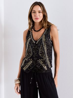 Blusa Tipo Gillet Bordado con Lentejuelas Botones Forrados