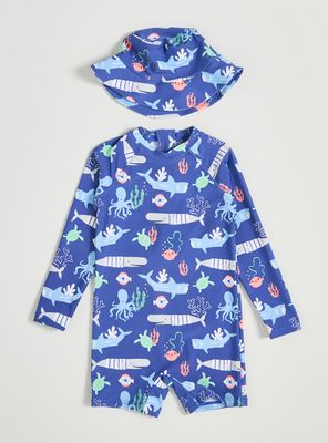 Traje de Baño Enterito Estampado Marino con Gorro