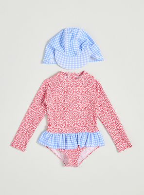 Traje de Baño Estampado Combinado con Falda y Gorro