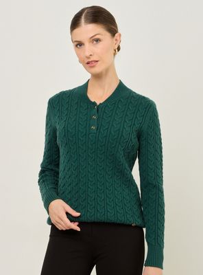 Tejido Trenzado con Botones en Escote Cuello Semi Mao