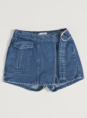 Short Tipo Skort Denim con Pasador Lateral