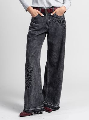 Jeans Wide Leg Tiro Alto Josefa Bordado Marengo