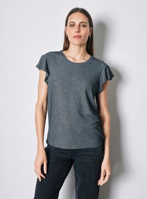 Polera Lurex Manga Corta Vuelos y Escote Redondo