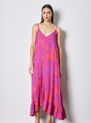 Vestido Estampado con Tirantes Finos Escote V y Volante