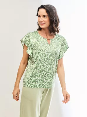 Polera Estampada Detalle en Escote Manga Fluida