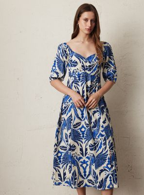 Vestido con Lino Estampado Manga Aglobada