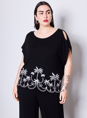 Polera Escote Amplio Hombro Cut-Out Estampado en Basta