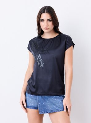 Polera Satinada Elasticada Cordón Lurex en Cuello