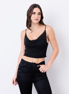 Polera de Malla Cuello Drapeado Full Strass