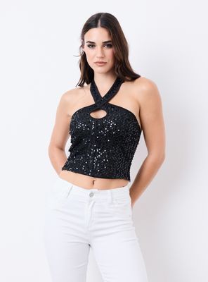 Polera Escote Cruzado al Cuello Lentejuelas