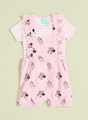 Conjunto Jardinera con Vuelos Minnie y Body Rayas